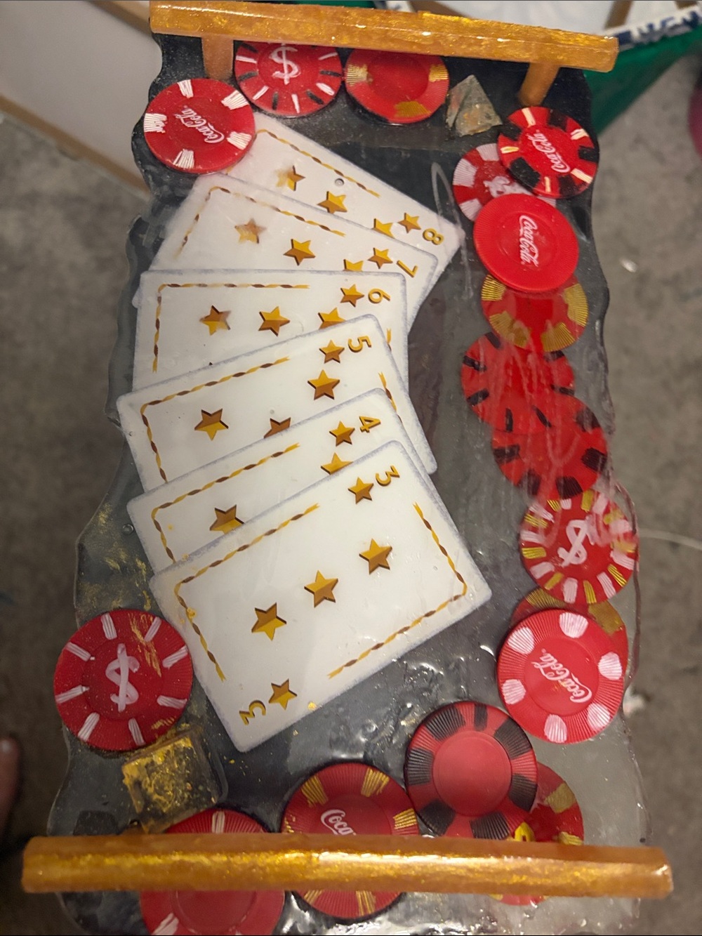 Red and White Poker Card Chip Rolling Tray with Gold Accents